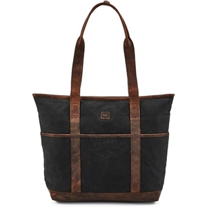 image:imageTote Bag for Women Large Work Shoulder Handbag in Waxed Canvas amp LeatherBlack