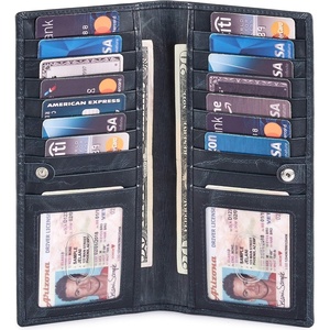 image:imageLong Wallet for Men Women Leather Slim Bifold RFID Blocking Card HolderNavy Wax Pull Up
